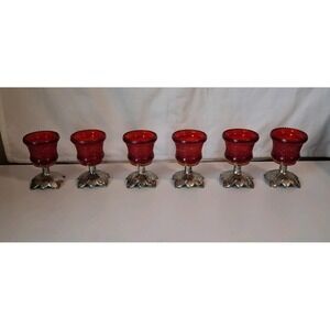 Set of 6 Summit Glass Ruby Red Holly Berry Vine Footed Metal Stand Candle Holder